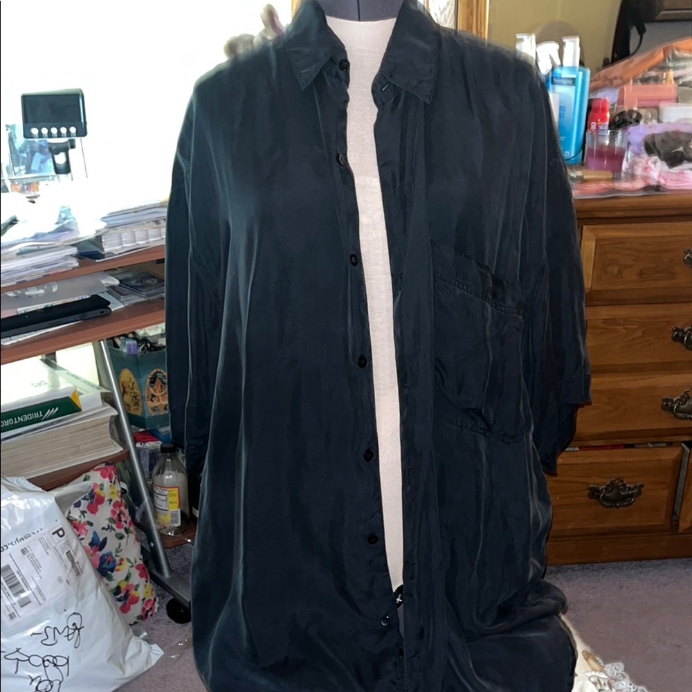 Men's Vintage Black 100% Silk Button Down Shirt